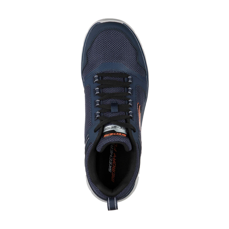 Skechers Track Knockhill Baskets Pour Hommes En Cuir Bleu Marine/Orange.