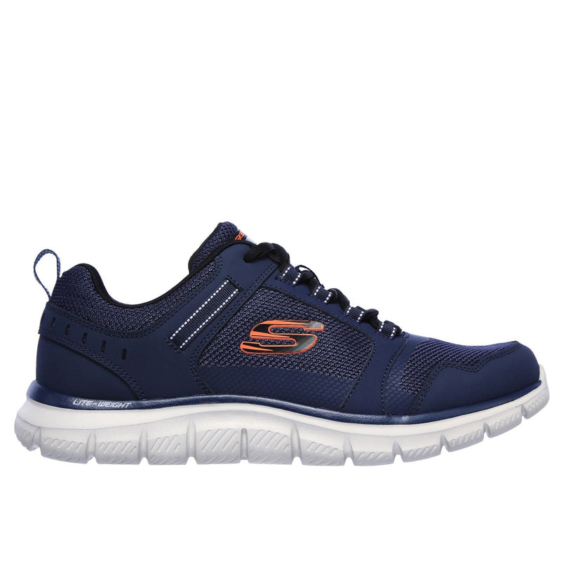 Skechers Track Knockhill Baskets Pour Hommes En Cuir Bleu Marine/Orange.