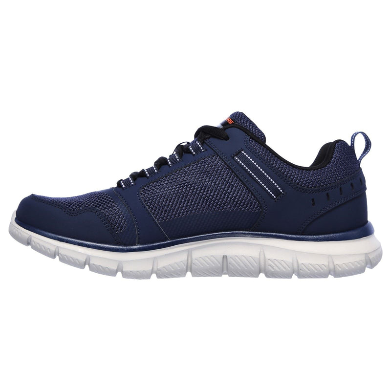 Skechers Track Knockhill Baskets Pour Hommes En Cuir Bleu Marine/Orange.