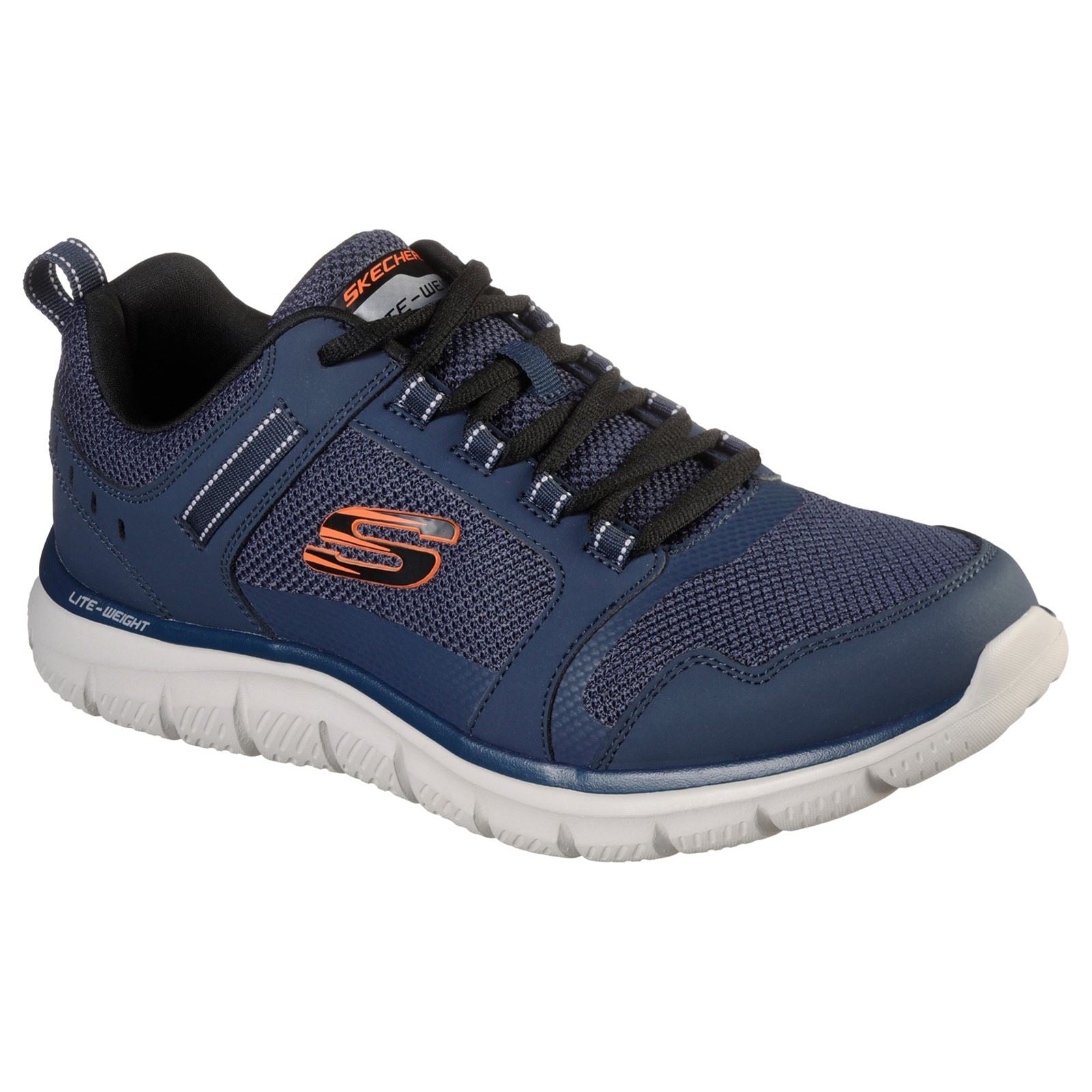 Skechers Track Knockhill Baskets Pour Hommes En Cuir Bleu Marine/Orange.